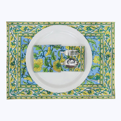 Yellow and Blue Hand Block Printed Cotton Napkins Set Of 4 - My Store