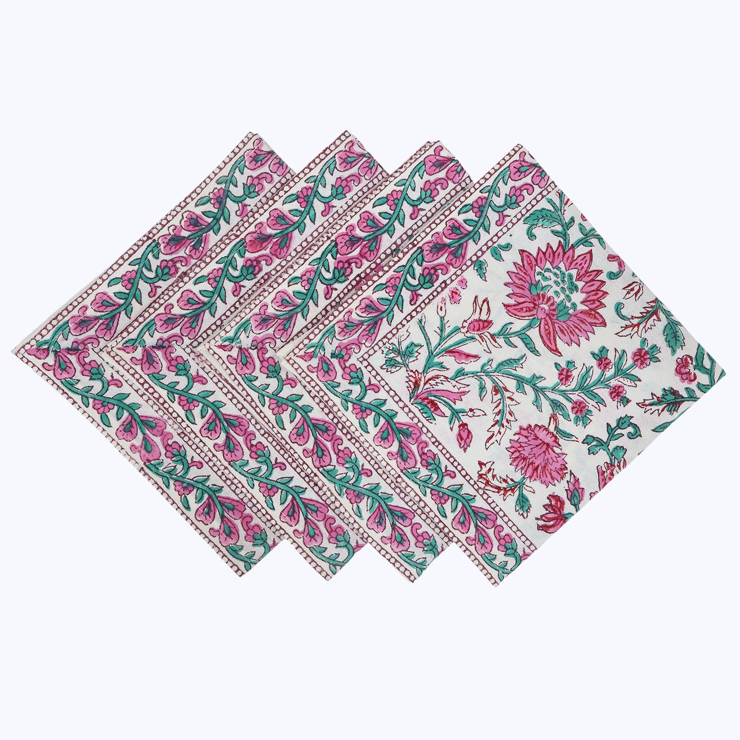 Pink and Green Hand Block Print Cotton Napkins Set Of 4 Pieces - My Store