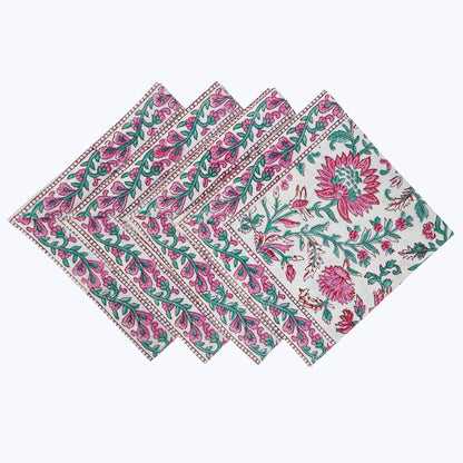Pink and Green Hand Block Print Cotton Napkins Set Of 4 Pieces - My Store