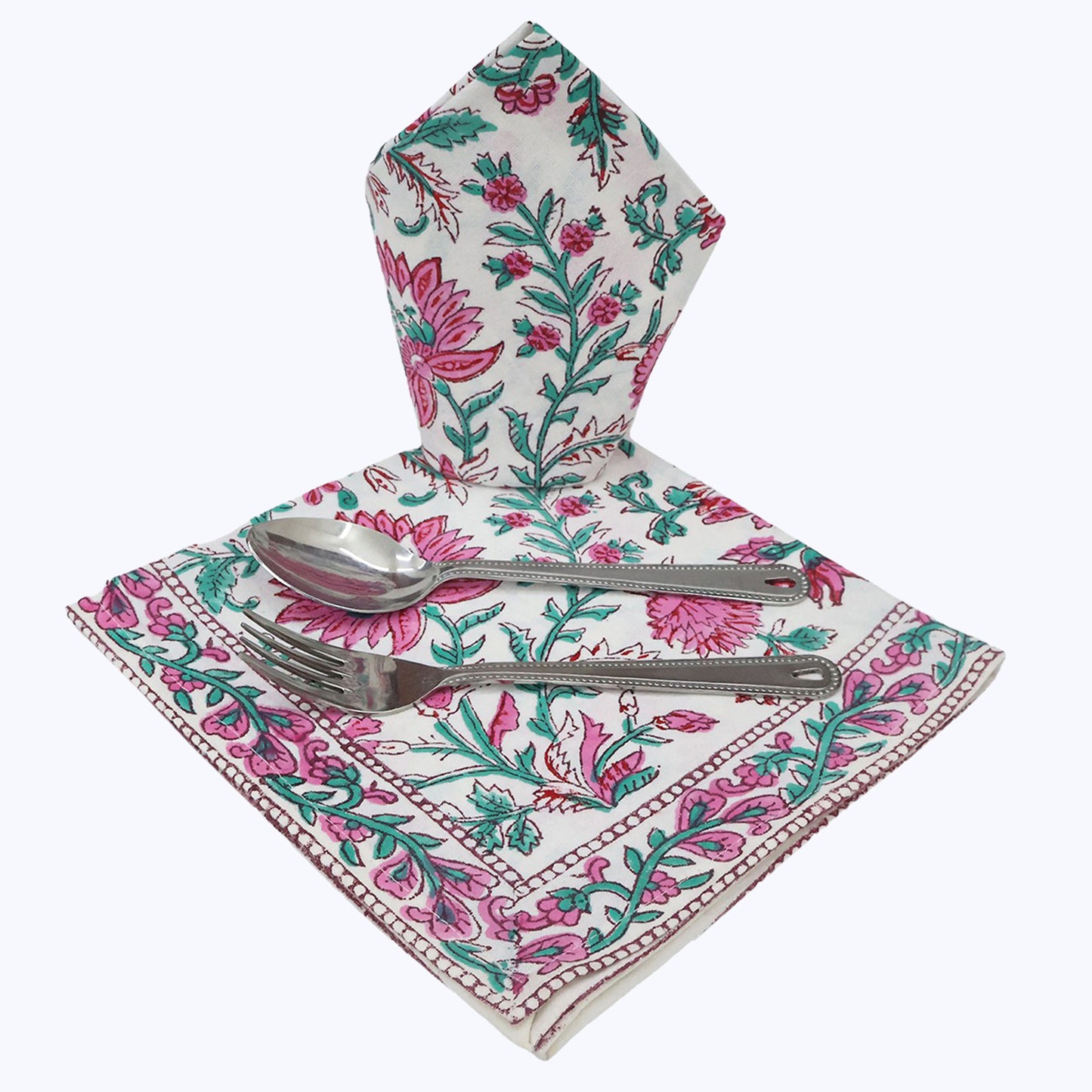 Pink and Green Hand Block Print Cotton Napkins Set Of 4 Pieces - My Store