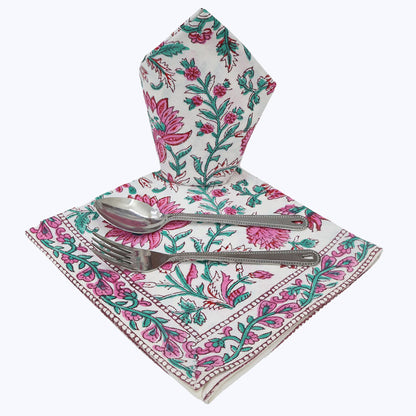 Pink and Green Hand Block Print Cotton Napkins Set Of 4 Pieces - My Store