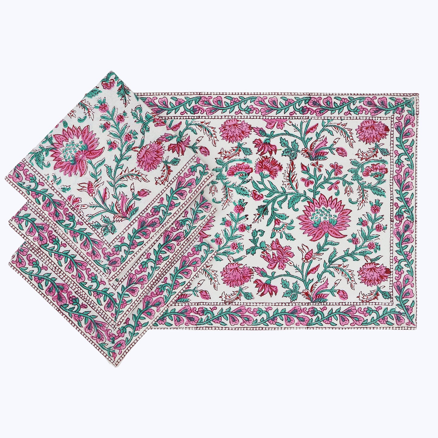 Pink and Green Hand Block Print Cotton Napkins Set Of 4 Pieces - My Store