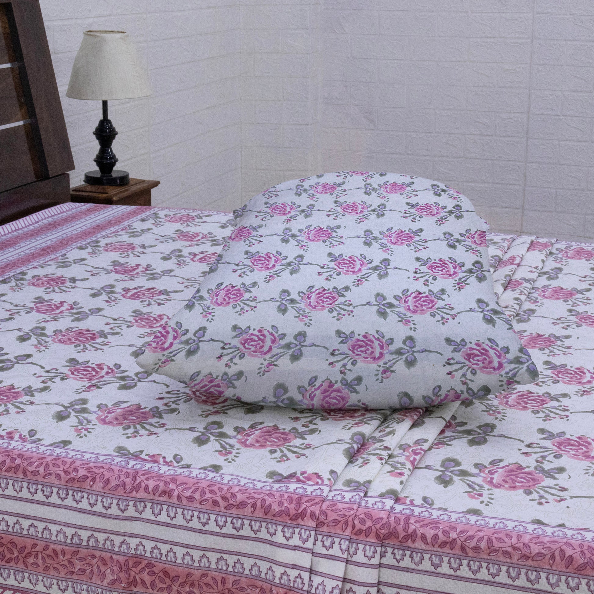 Cotton Bedsheet – Hand Block Floral Print – White and Pink – King, Queen, Twin Sizes - My Store