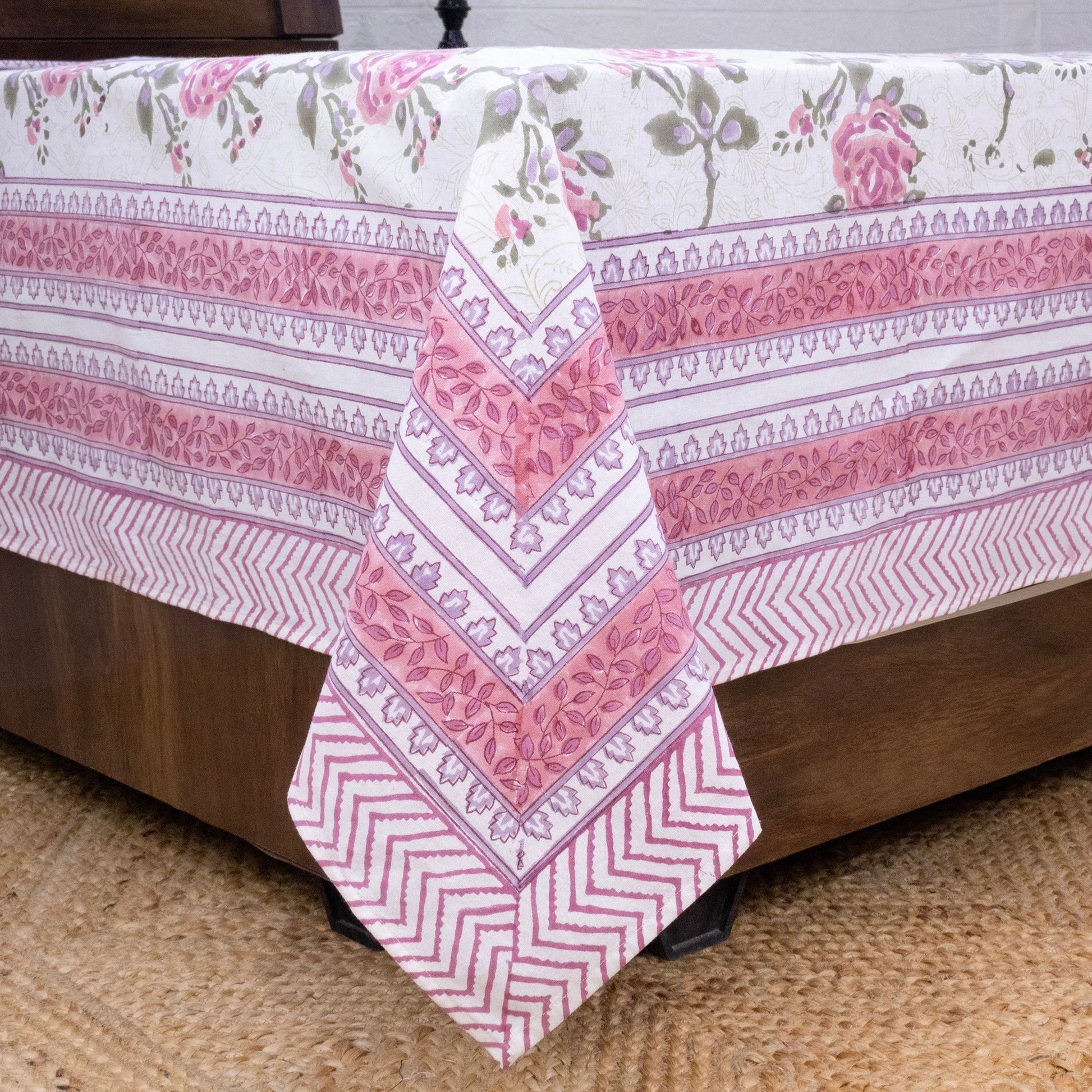 Cotton Bedsheet – Hand Block Floral Print – White and Pink – King, Queen, Twin Sizes - My Store