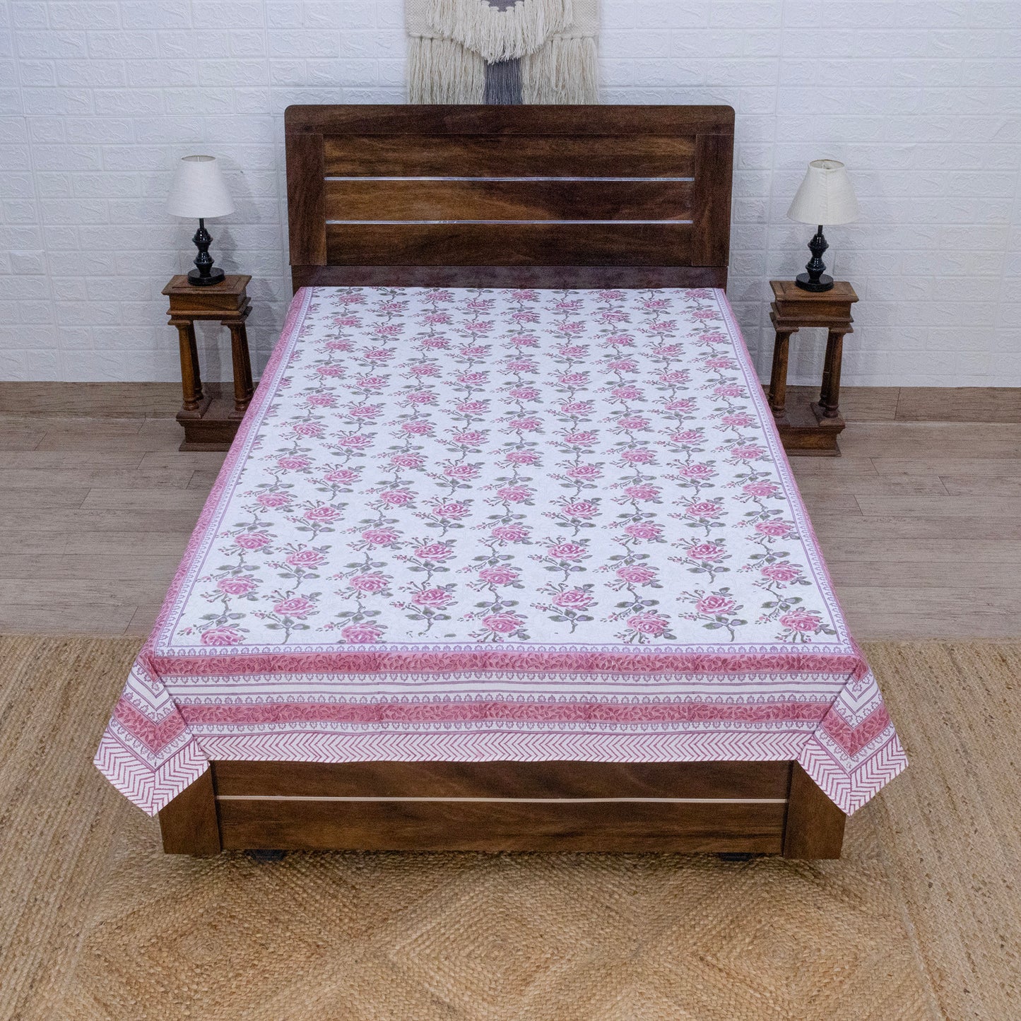 Cotton Bedsheet – Hand Block Floral Print – White and Pink – King, Queen, Twin Sizes - My Store