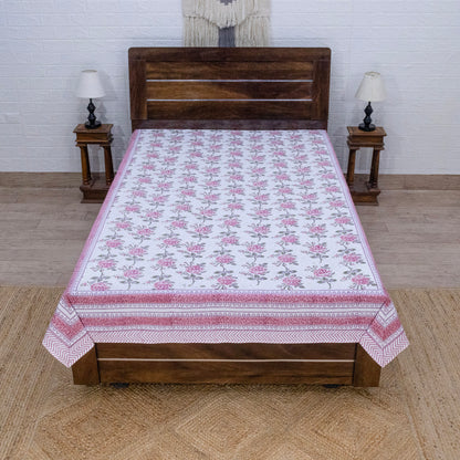 Cotton Bedsheet – Hand Block Floral Print – White and Pink – King, Queen, Twin Sizes - My Store