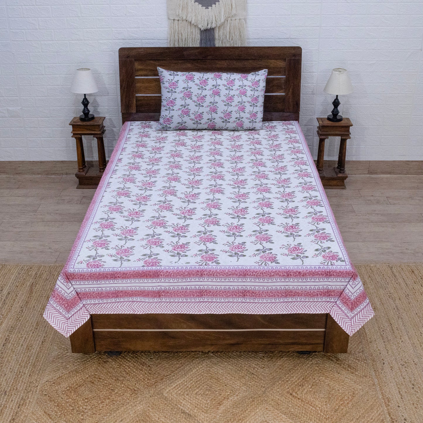 Cotton Bedsheet – Hand Block Floral Print – White and Pink – King, Queen, Twin Sizes - My Store