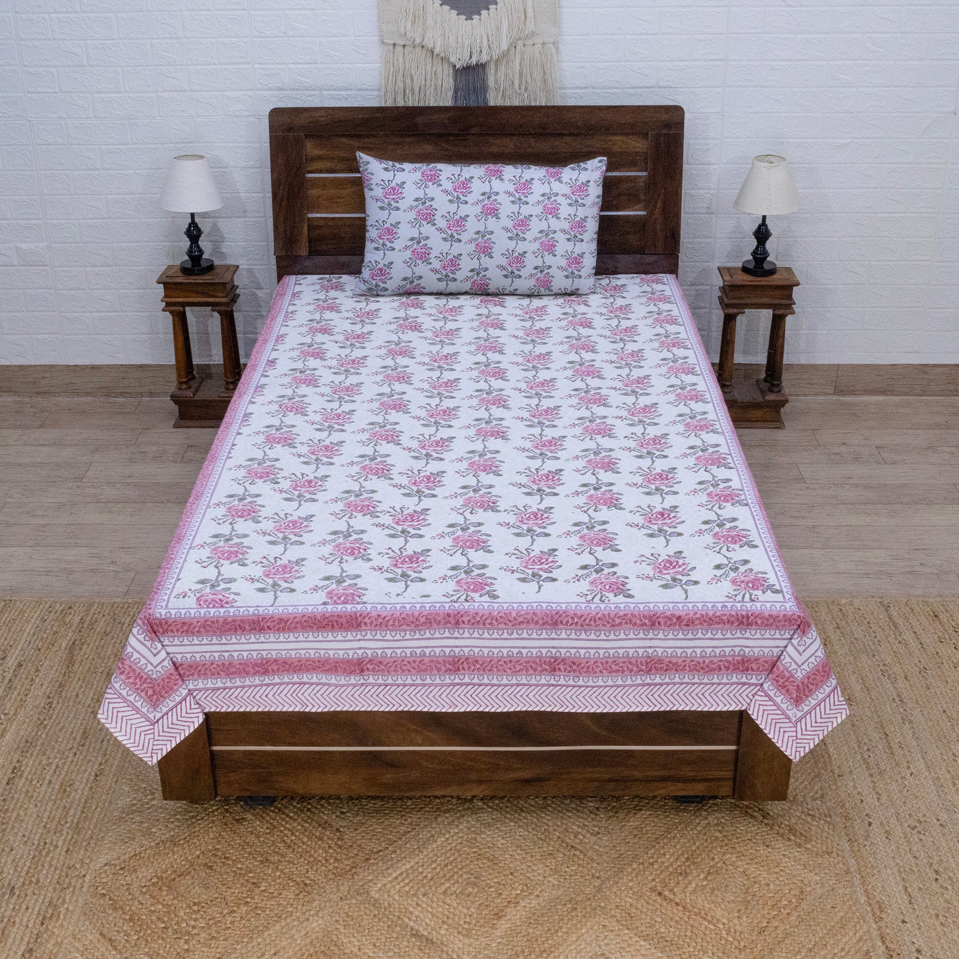 Cotton Bedsheet – Hand Block Floral Print – White and Pink – King, Queen, Twin Sizes - My Store