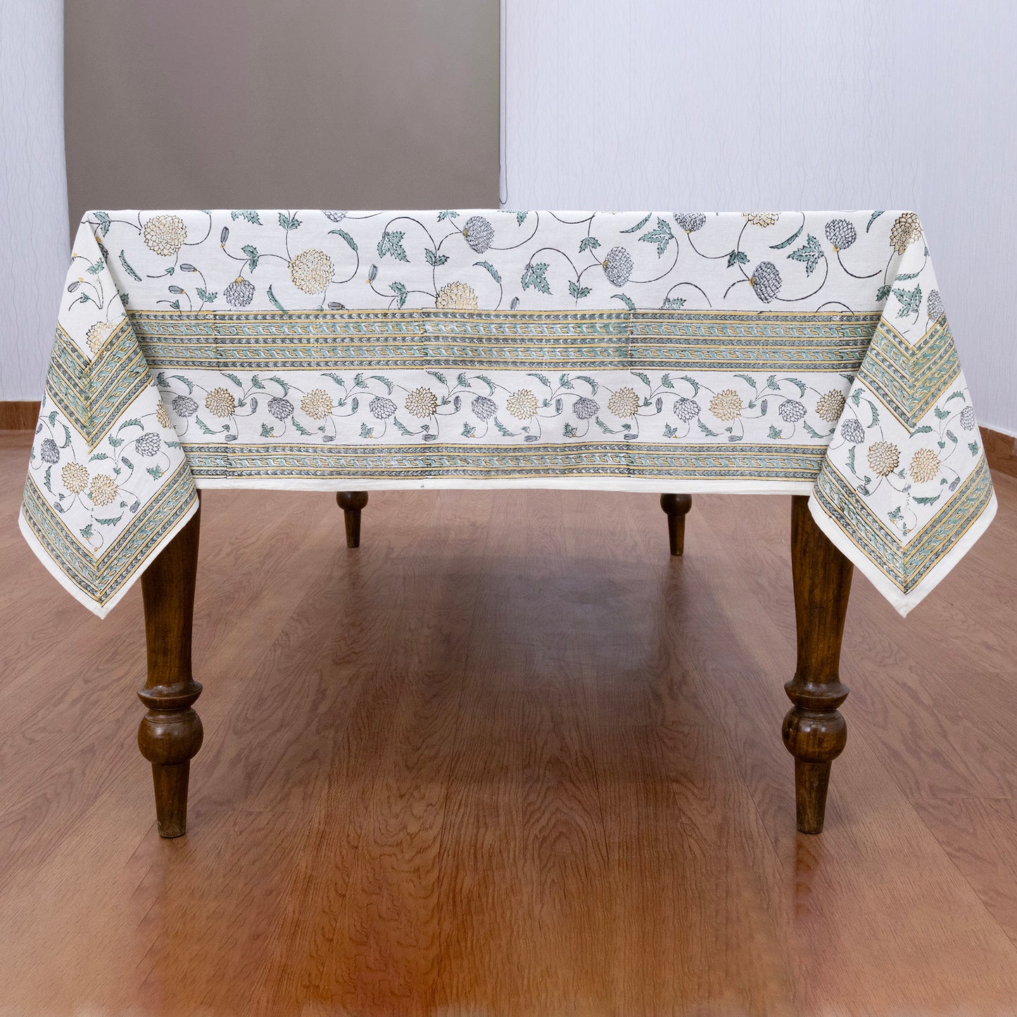 Indian Handmade Block Printed Cotton White and Yellow Rectangle Tablecloth - My Store