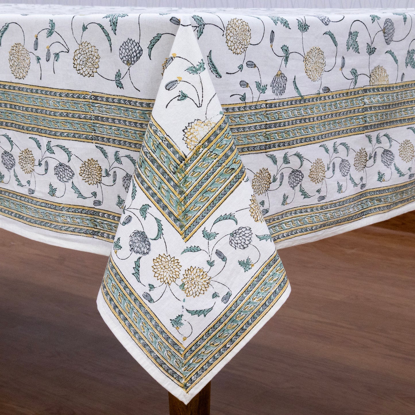 Indian Handmade Block Printed Cotton White and Yellow Rectangle Tablecloth - My Store