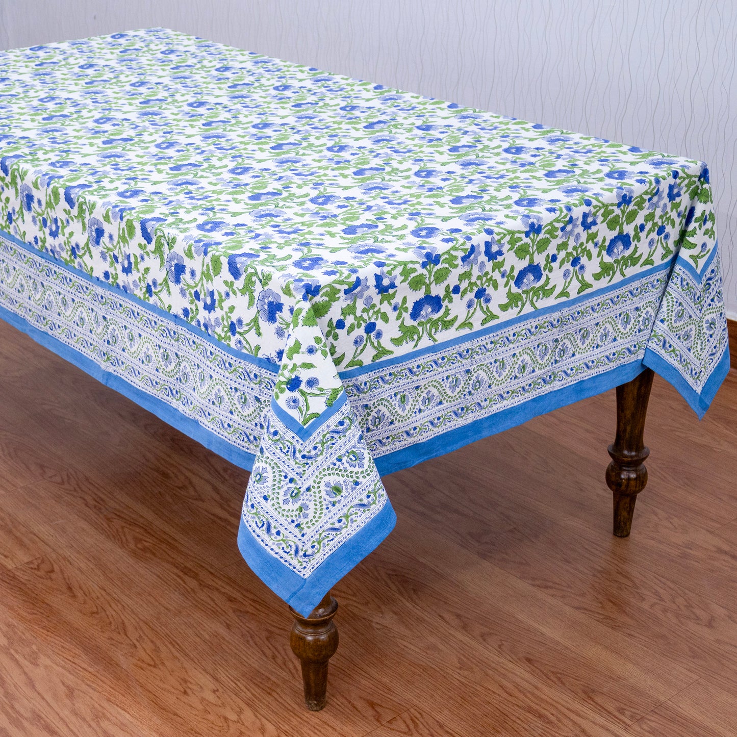Artisan Block Print Cotton Tablecloth, Blue and Green Indian Rectangle Dining Cover - My Store