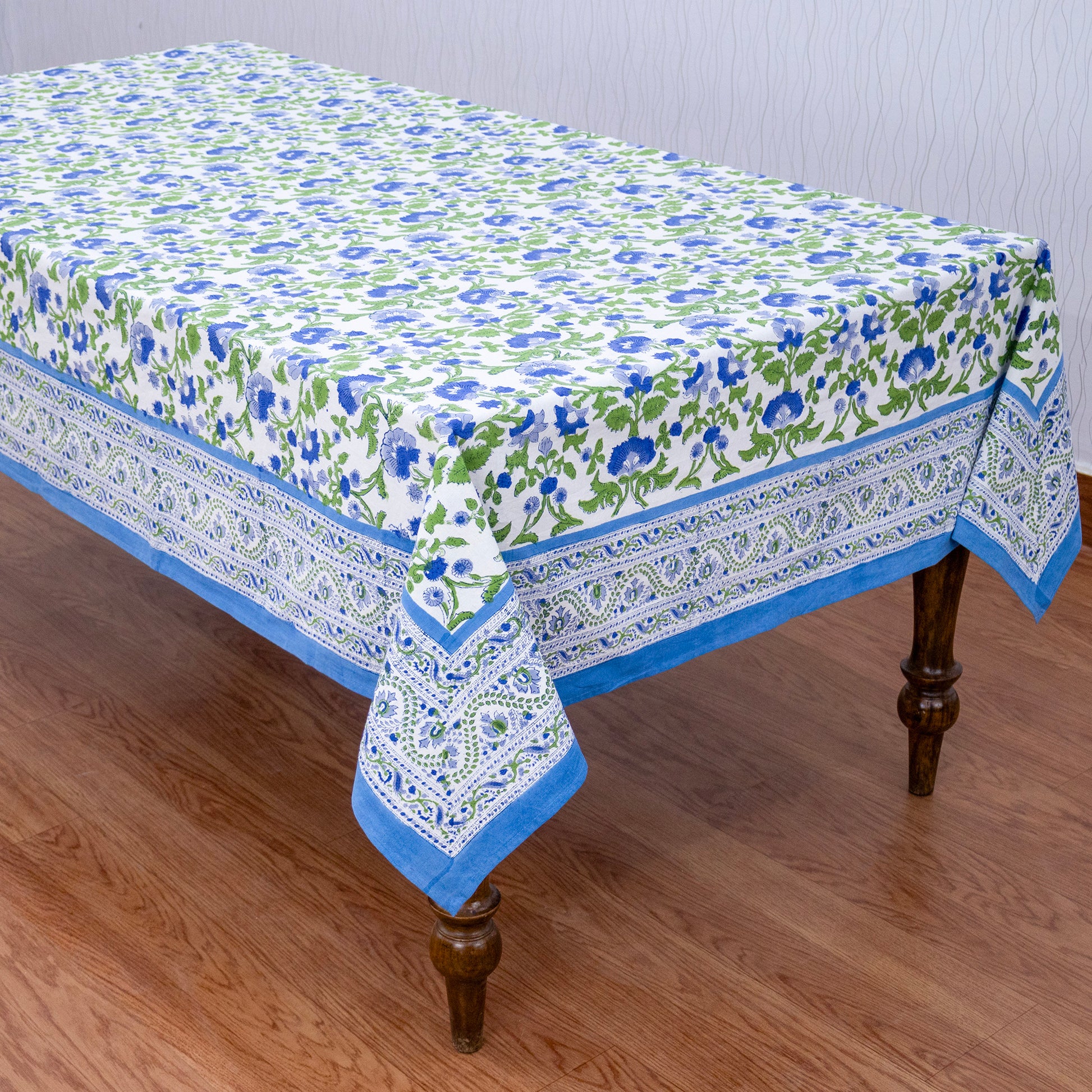 Artisan Block Print Cotton Tablecloth, Blue and Green Indian Rectangle Dining Cover - My Store