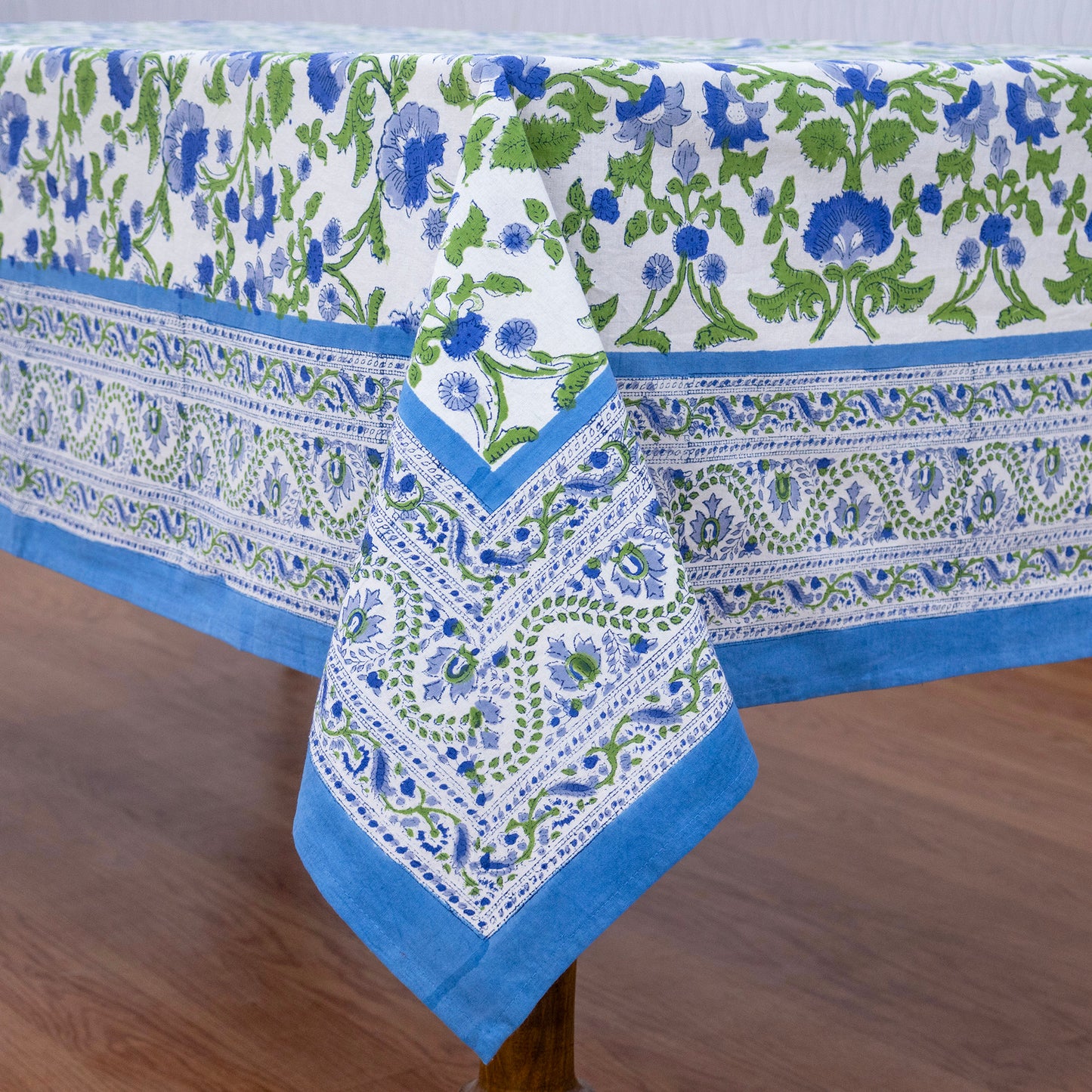 Artisan Block Print Cotton Tablecloth, Blue and Green Indian Rectangle Dining Cover - My Store