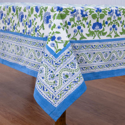 Artisan Block Print Cotton Tablecloth, Blue and Green Indian Rectangle Dining Cover - My Store