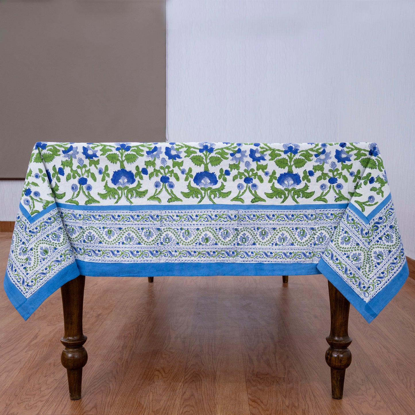 Artisan Block Print Cotton Tablecloth, Blue and Green Indian Rectangle Dining Cover - My Store