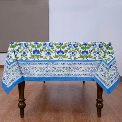 Artisan Block Print Cotton Tablecloth, Blue and Green Indian Rectangle Dining Cover - My Store