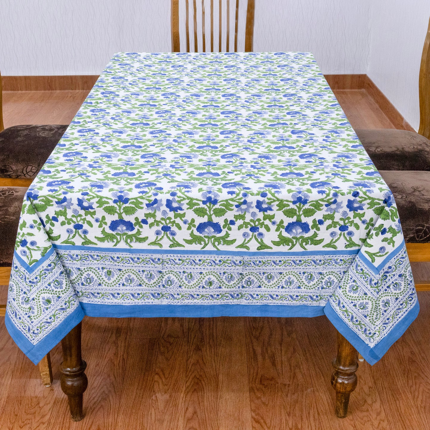 Artisan Block Print Cotton Tablecloth, Blue and Green Indian Rectangle Dining Cover - My Store