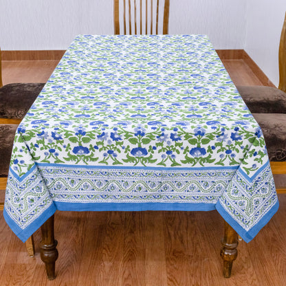 Artisan Block Print Cotton Tablecloth, Blue and Green Indian Rectangle Dining Cover - My Store
