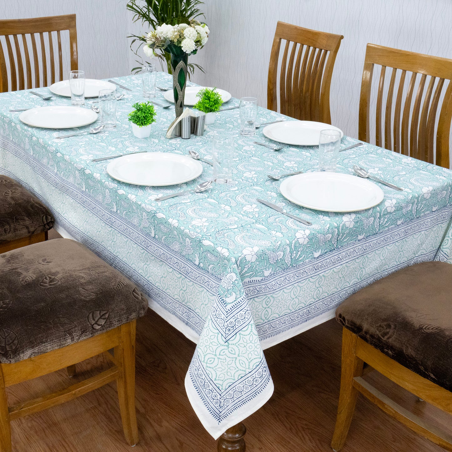 Aqua Green and White Block Print Cotton Tablecloth, Handmade Indian Rectangle Table Linen - My Store