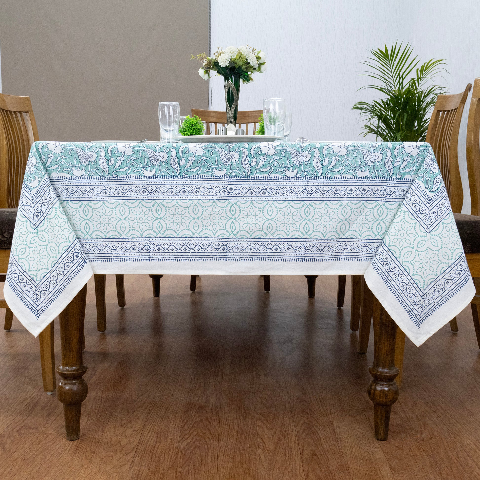 Aqua Green and White Block Print Cotton Tablecloth, Handmade Indian Rectangle Table Linen - My Store