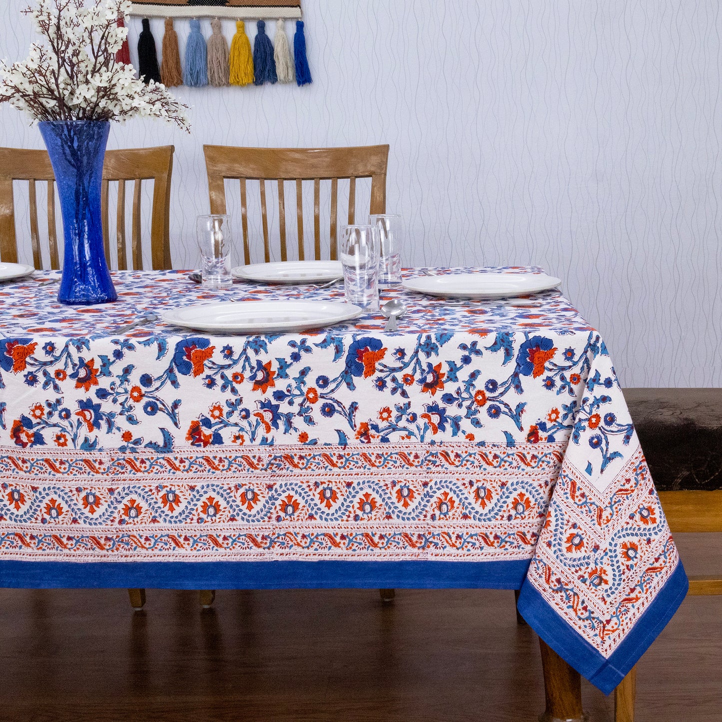 Artisan Block Print Cotton Tablecloth, Blue and Red Indian Rectangle Dining Cover - My Store