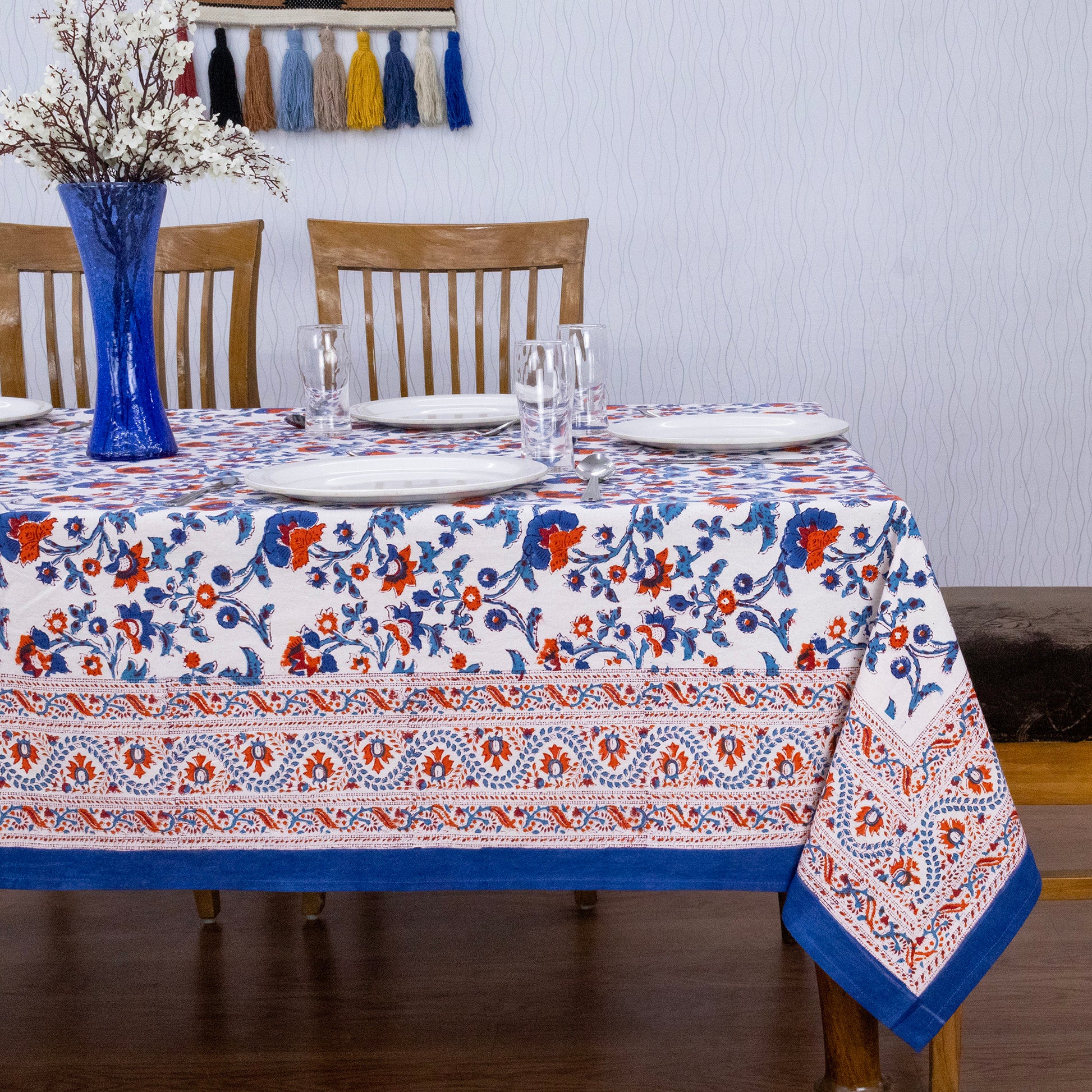 Artisan Block Print Cotton Tablecloth, Blue and Red Indian Rectangle Dining Cover - My Store