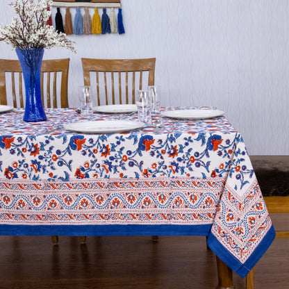 Artisan Block Print Cotton Tablecloth, Blue and Red Indian Rectangle Dining Cover - My Store