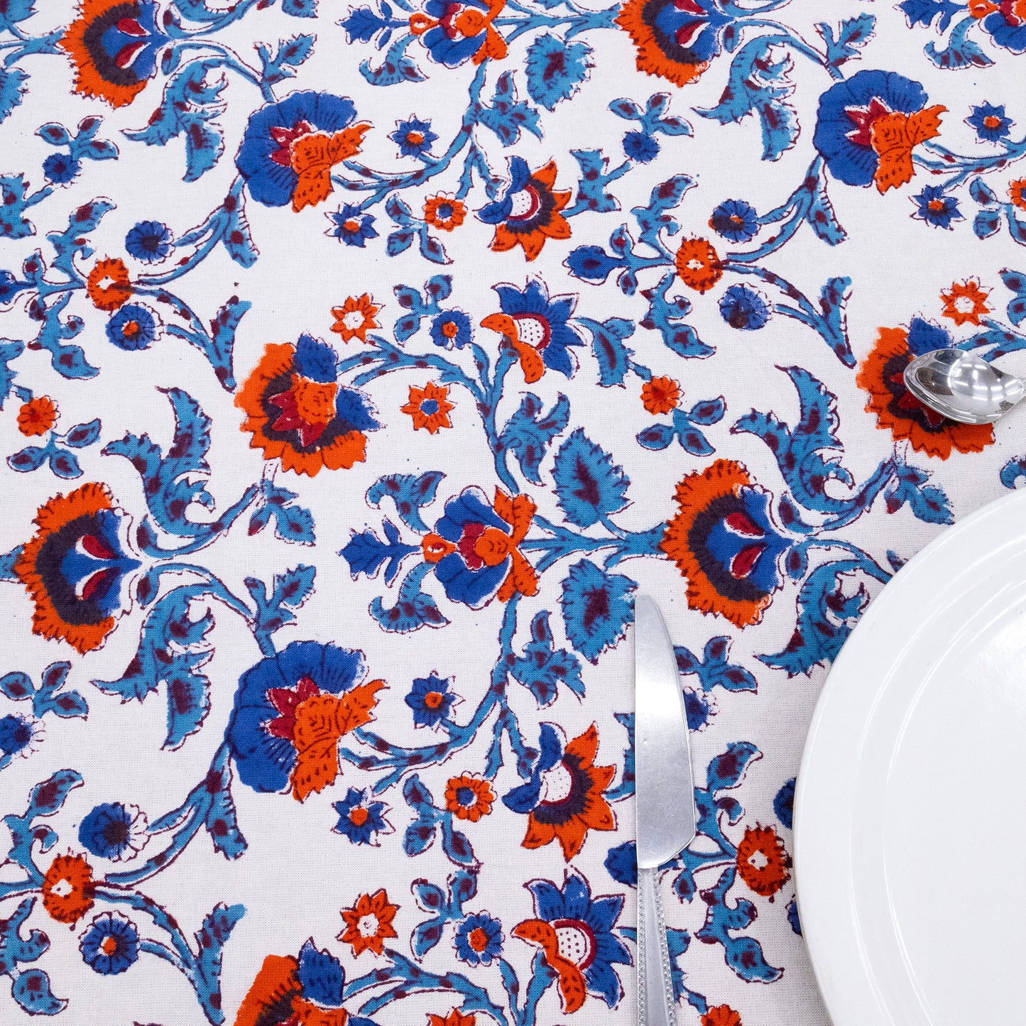 Artisan Block Print Cotton Tablecloth, Blue and Red Indian Rectangle Dining Cover - My Store