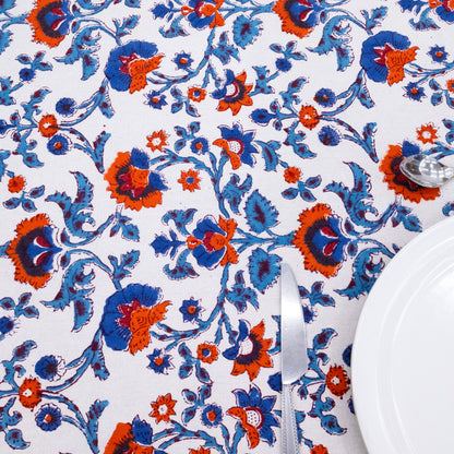 Artisan Block Print Cotton Tablecloth, Blue and Red Indian Rectangle Dining Cover - My Store
