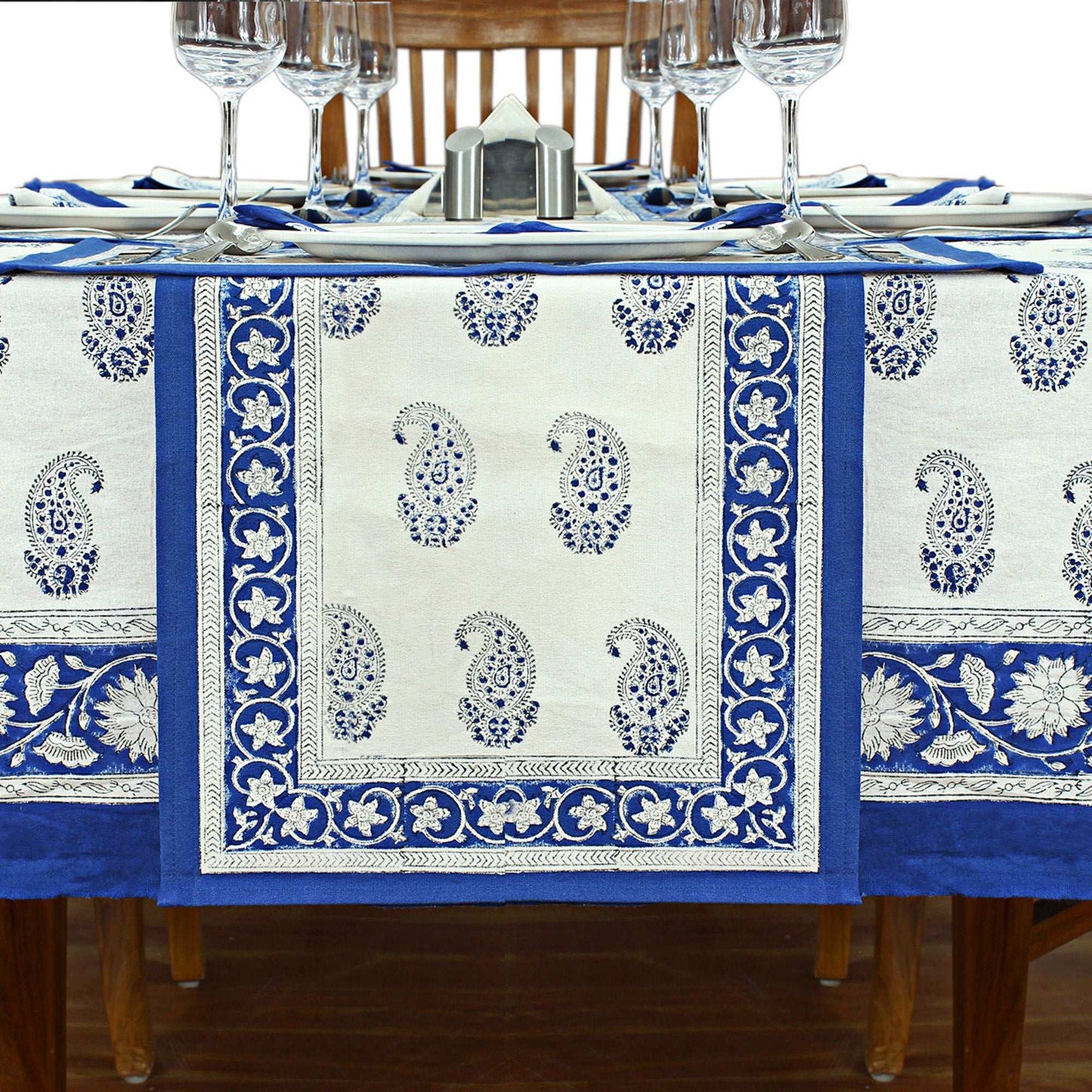 Blue & White Hand Block Printed Tablecloth - Dinner Table Linen - My Store