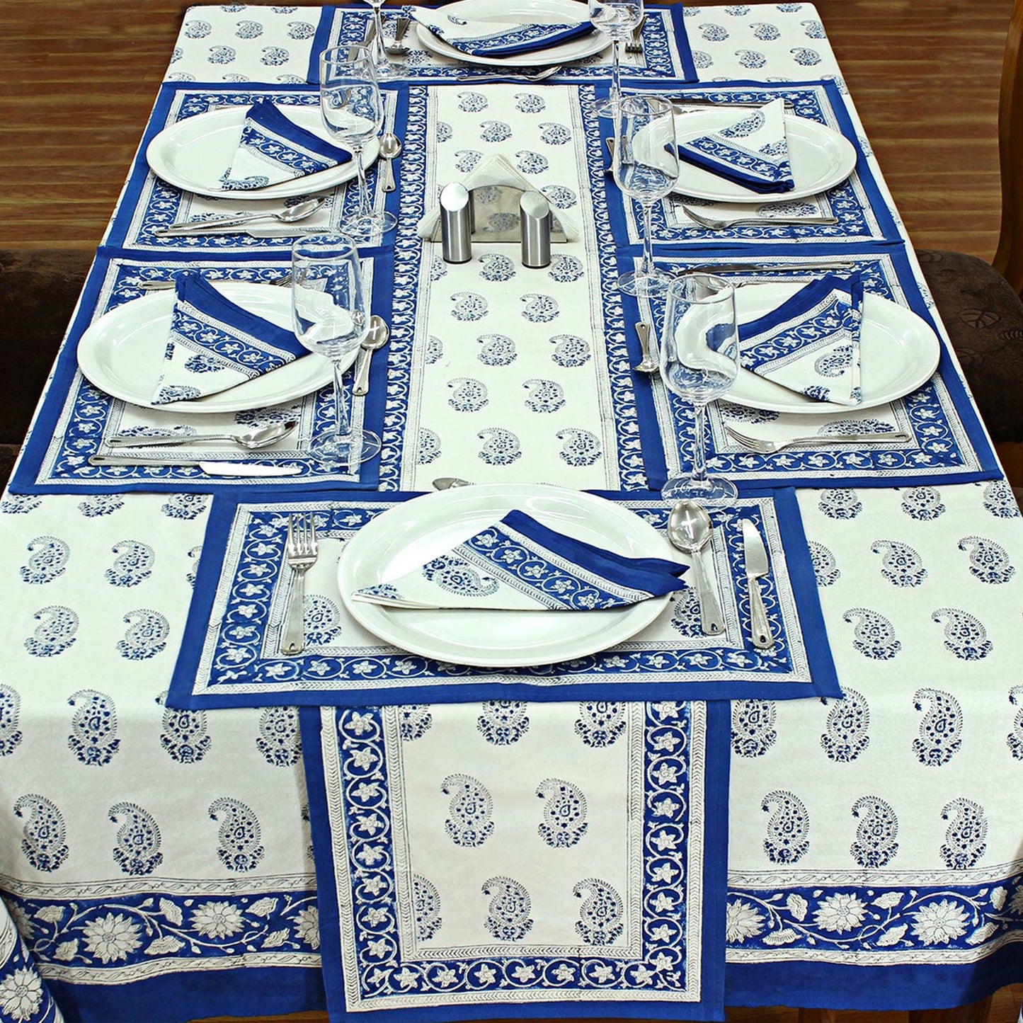 Blue & White Hand Block Printed Tablecloth - Dinner Table Linen - My Store