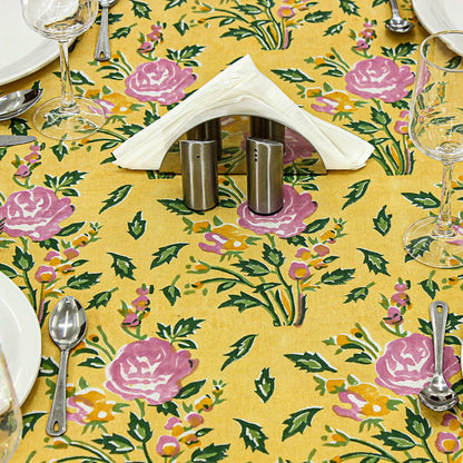 Indian Floral Yellow & Pink Block Printed Table Cover - My Store