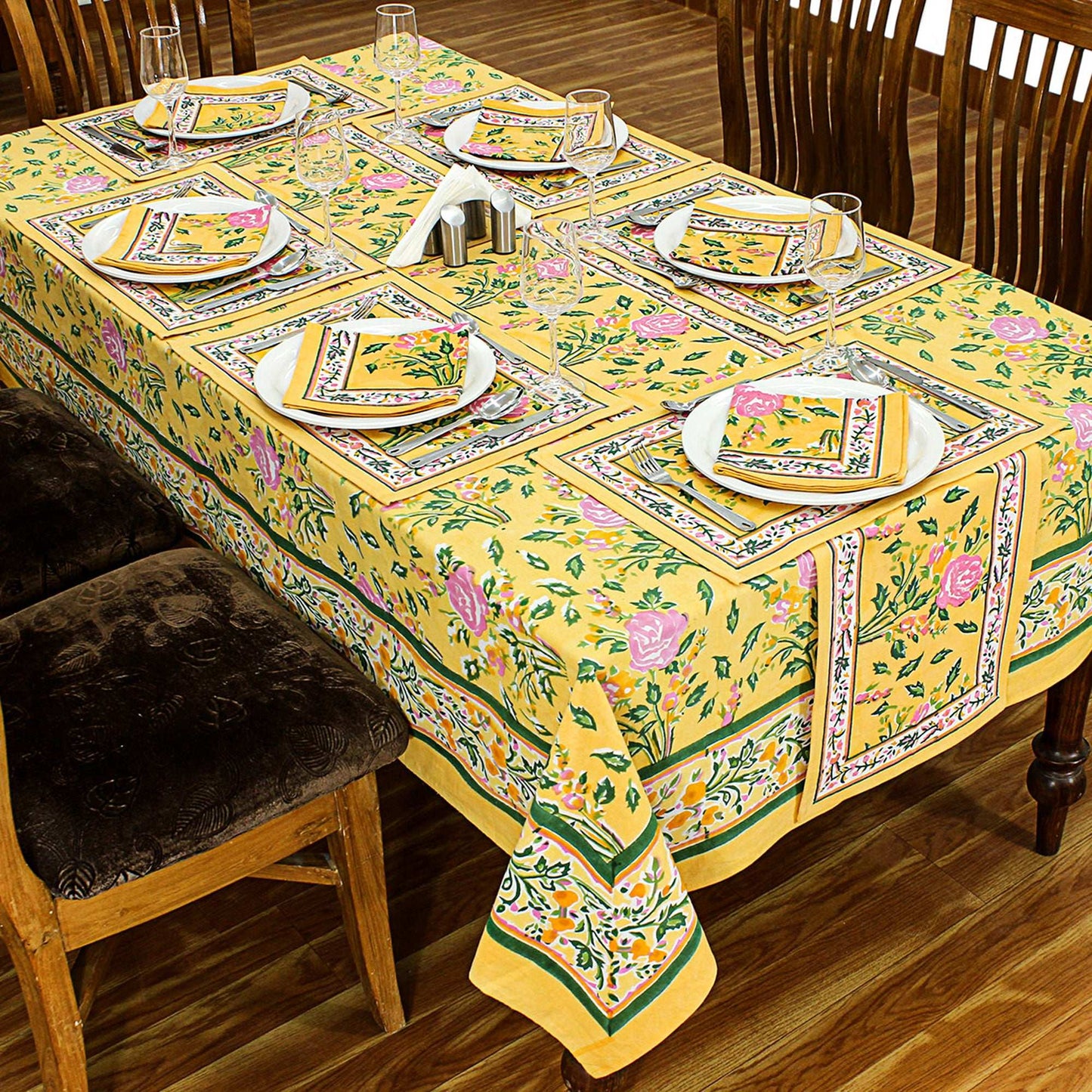 Indian Floral Yellow & Pink Block Printed Table Cover - My Store