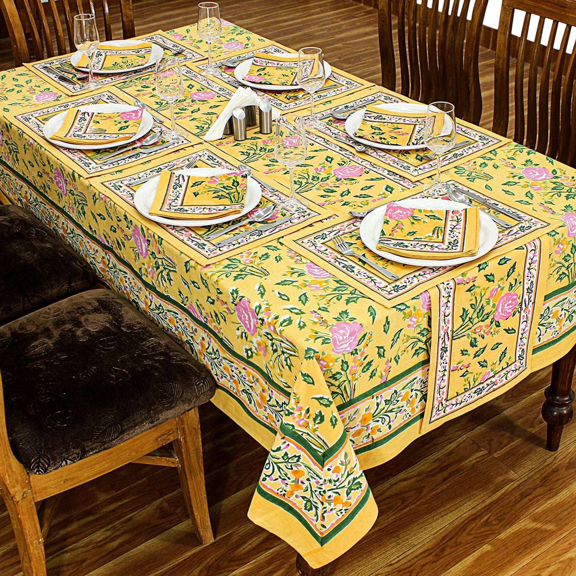 Indian Floral Yellow & Pink Block Printed Table Cover - My Store