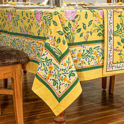 Indian Floral Yellow & Pink Block Printed Table Cover - My Store