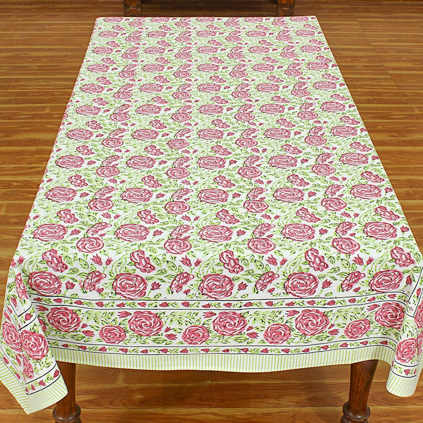 Hand Block Printed Cotton Table Cloth - Pink And Green Table Linens - My Store