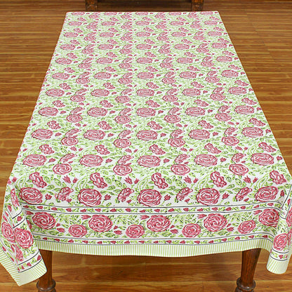 Hand Block Printed Cotton Table Cloth - Pink And Green Table Linens - My Store