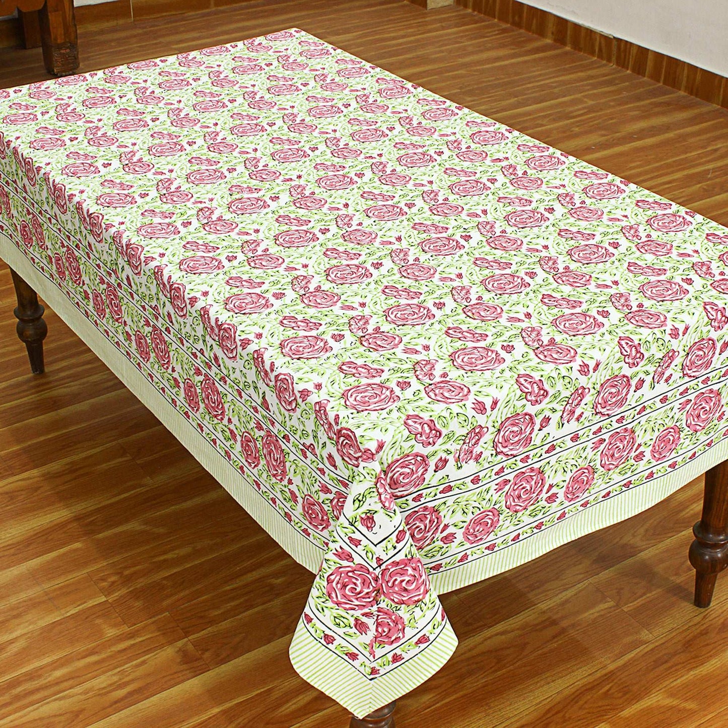 Hand Block Printed Cotton Table Cloth - Pink And Green Table Linens - My Store