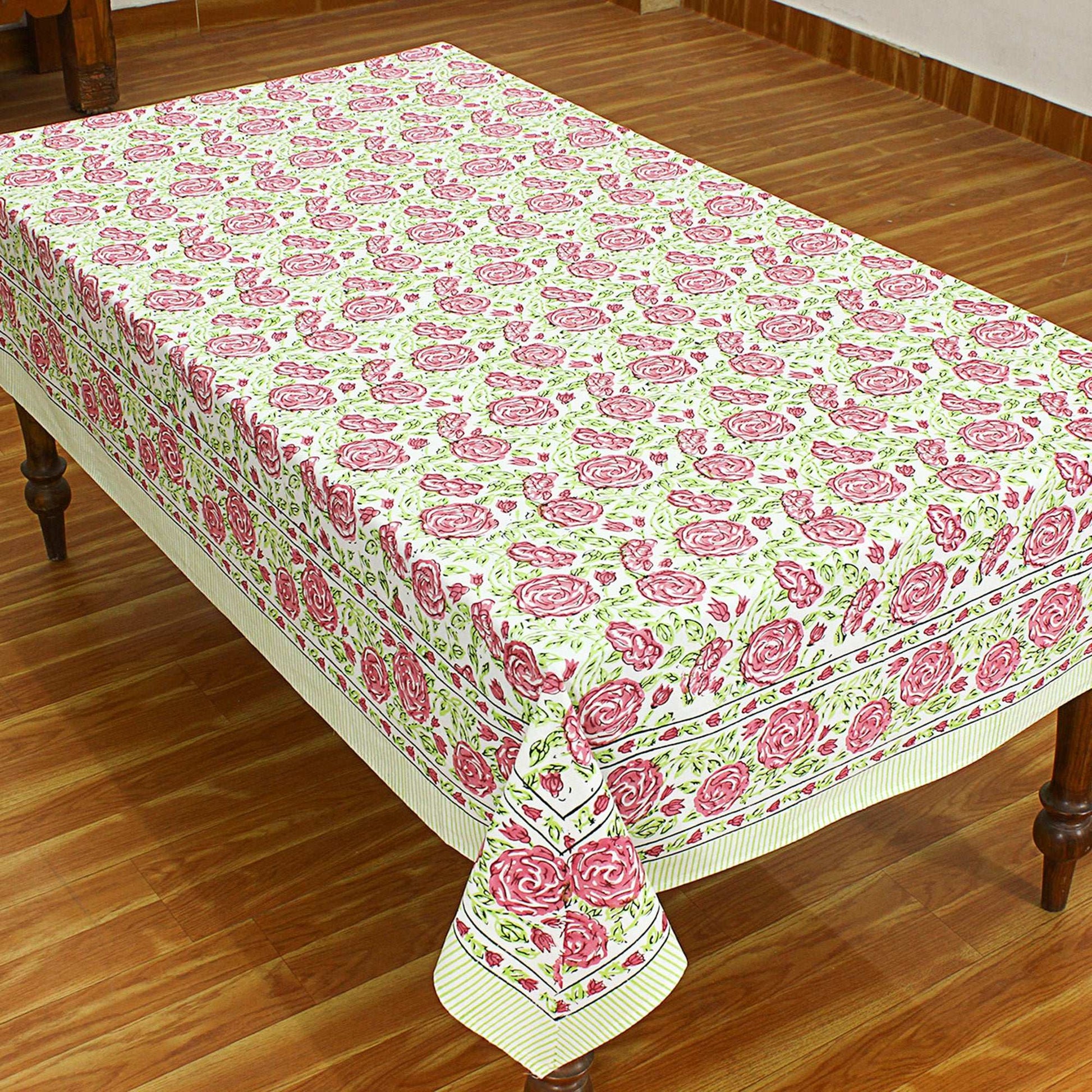 Hand Block Printed Cotton Table Cloth - Pink And Green Table Linens - My Store