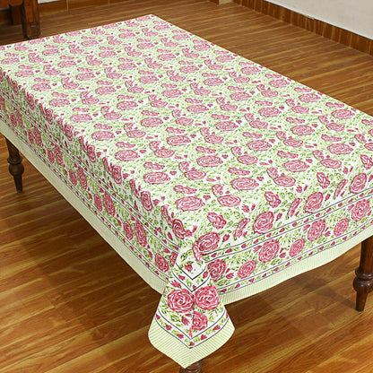 Hand Block Printed Cotton Table Cloth - Pink And Green Table Linens - My Store
