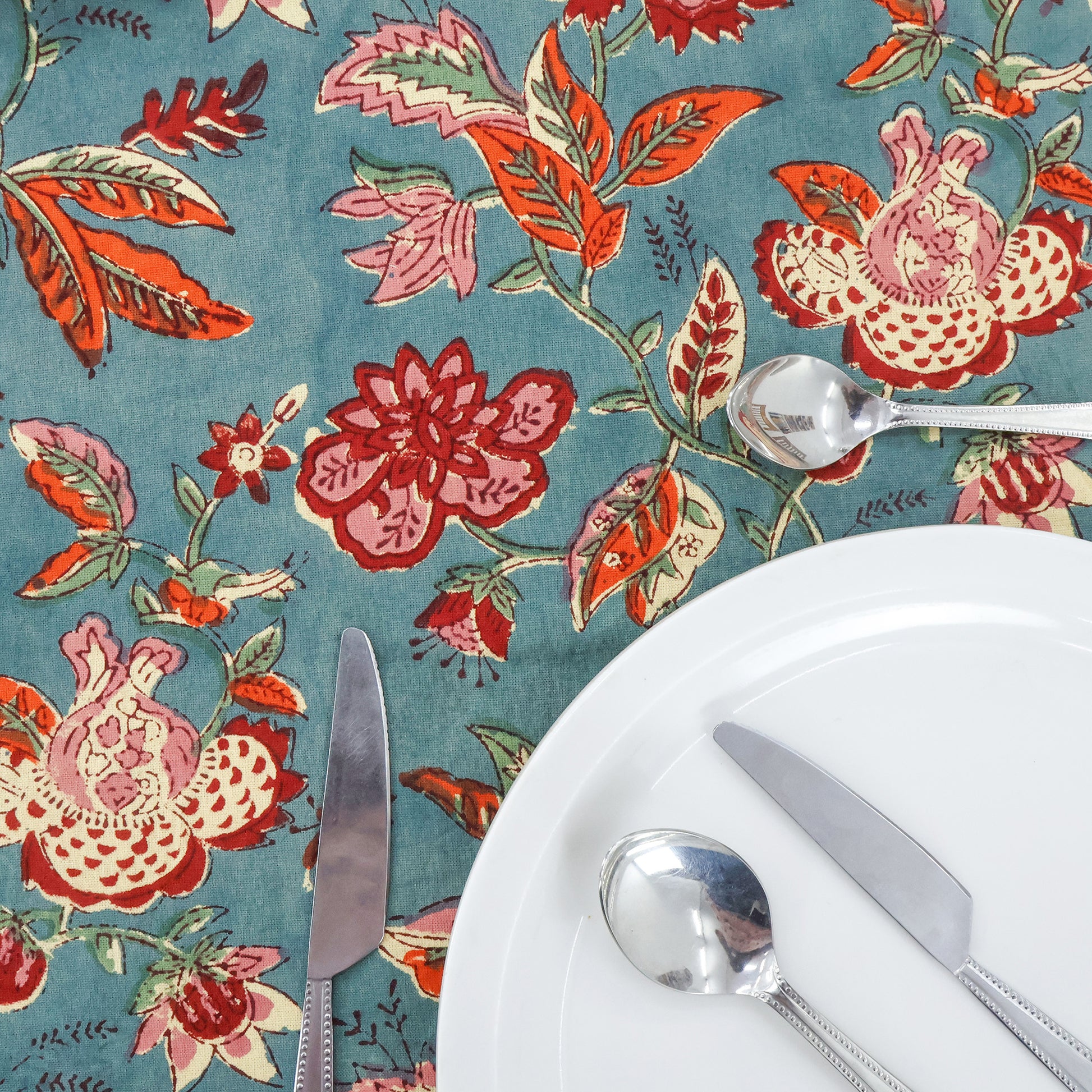 handmade tablecloth, blueish green and orange tablecloth, block printed table cover, cotton table cover, premium cotton tablecloth, floral tablecloth, indian tablecloth, Jaipuri tablecloth, green and pink table linens, boho home decor, table cover for dinning table cover, rectangle table cover, table cloth for dinning decor, custom table cloth,  washable table cloth, outdoor tablecloth, indoor tablecloth, gifts for fathers day