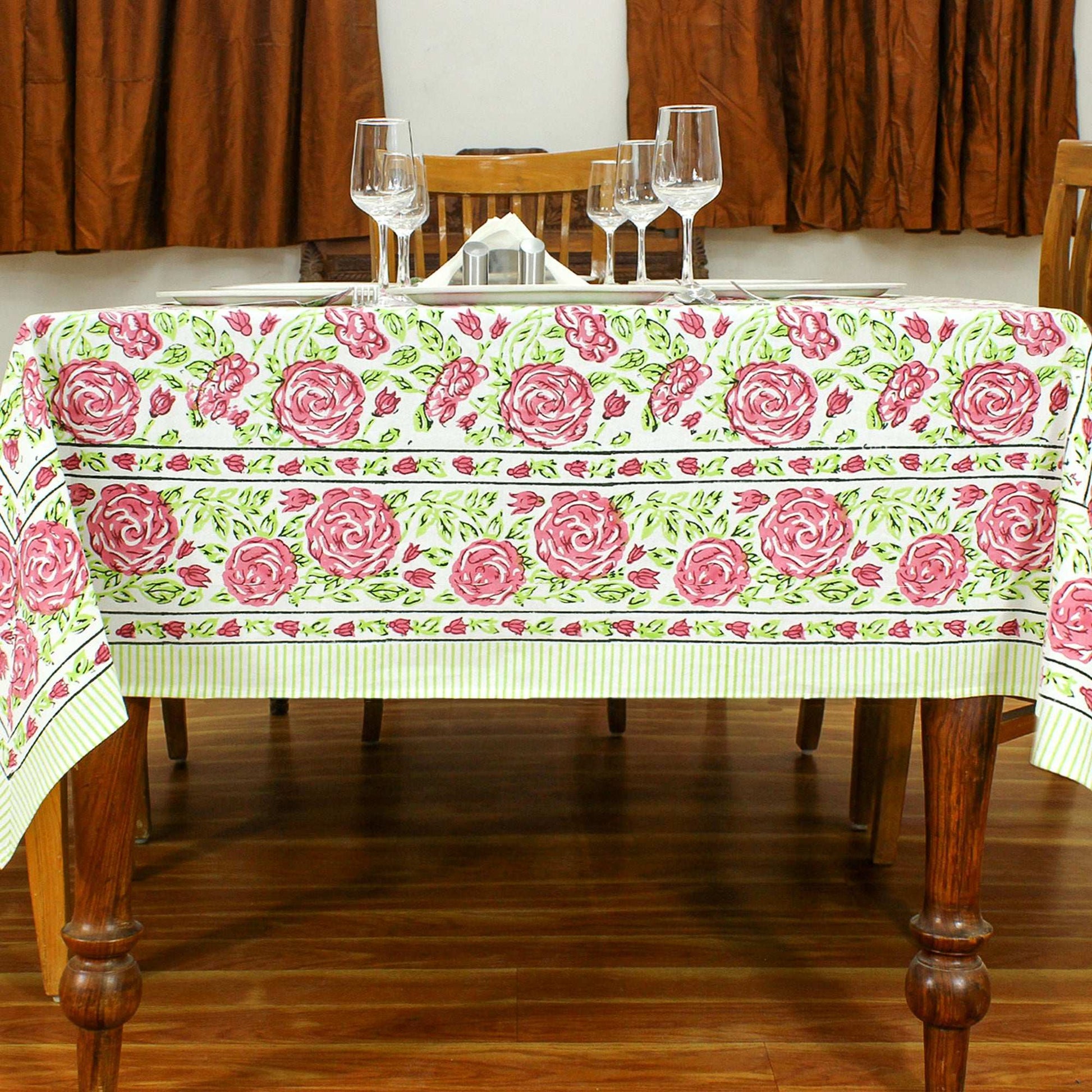 Hand Block Printed Cotton Table Cloth - Pink And Green Table Linens - My Store