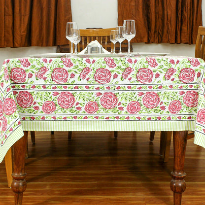 Hand Block Printed Cotton Table Cloth - Pink And Green Table Linens - My Store