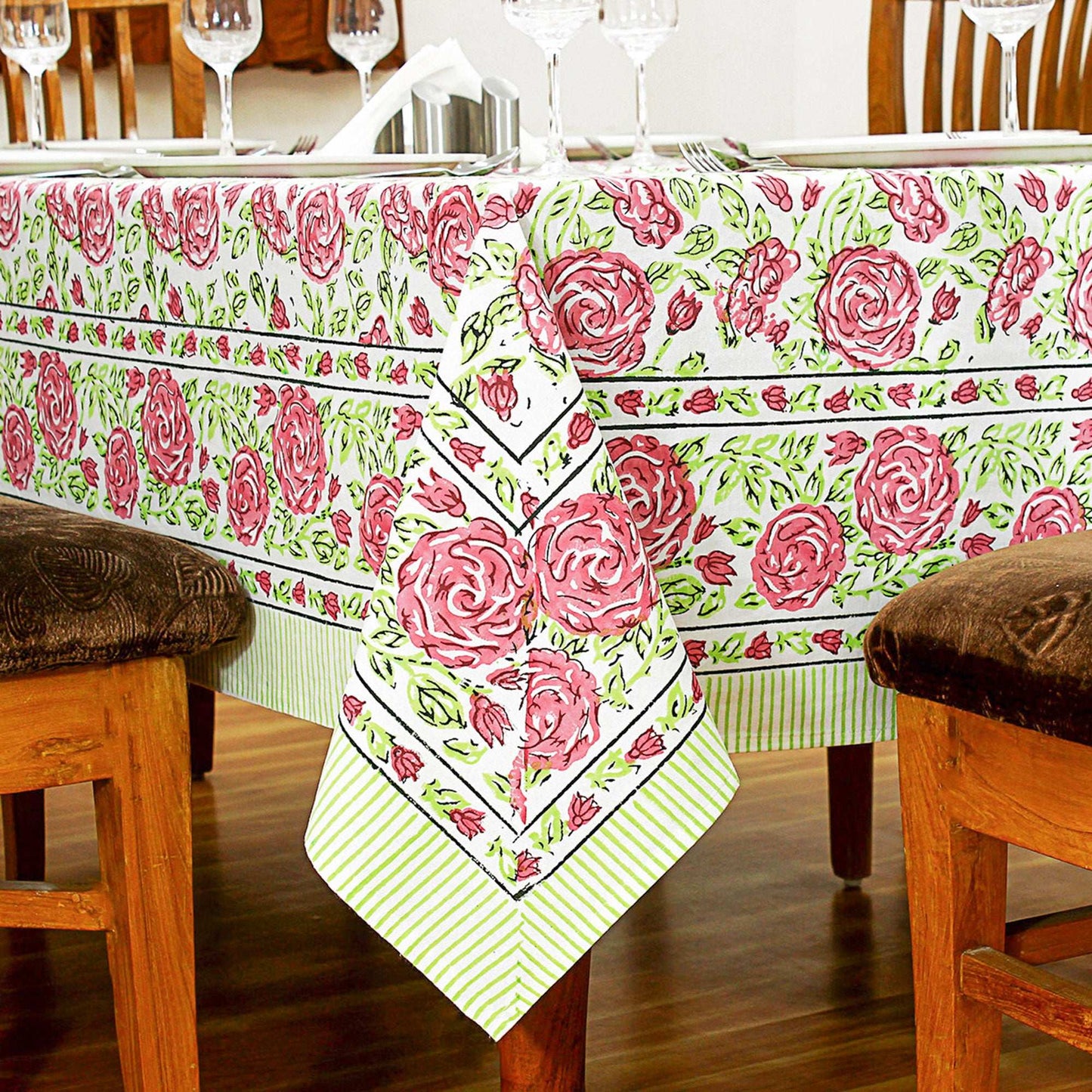 Hand Block Printed Cotton Table Cloth - Pink And Green Table Linens - My Store