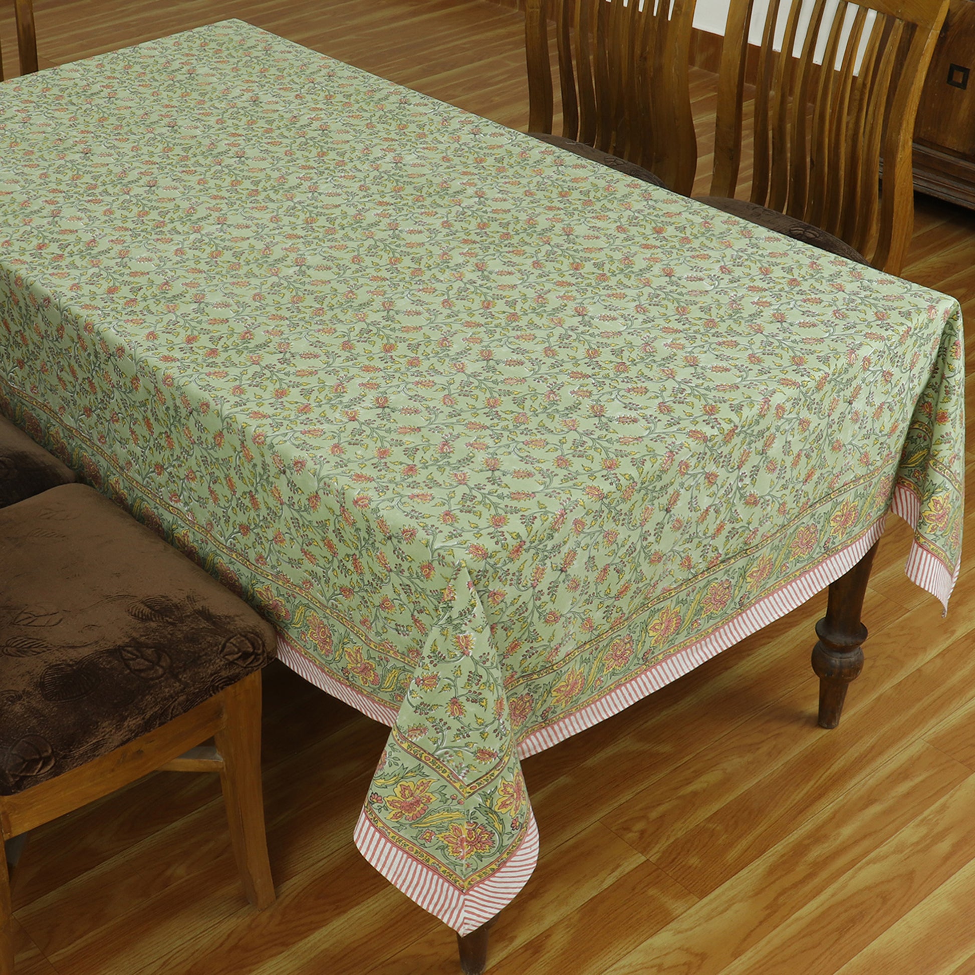 Green and Yellow Indian Hand Block Floral Printed Tablecloth - My Store