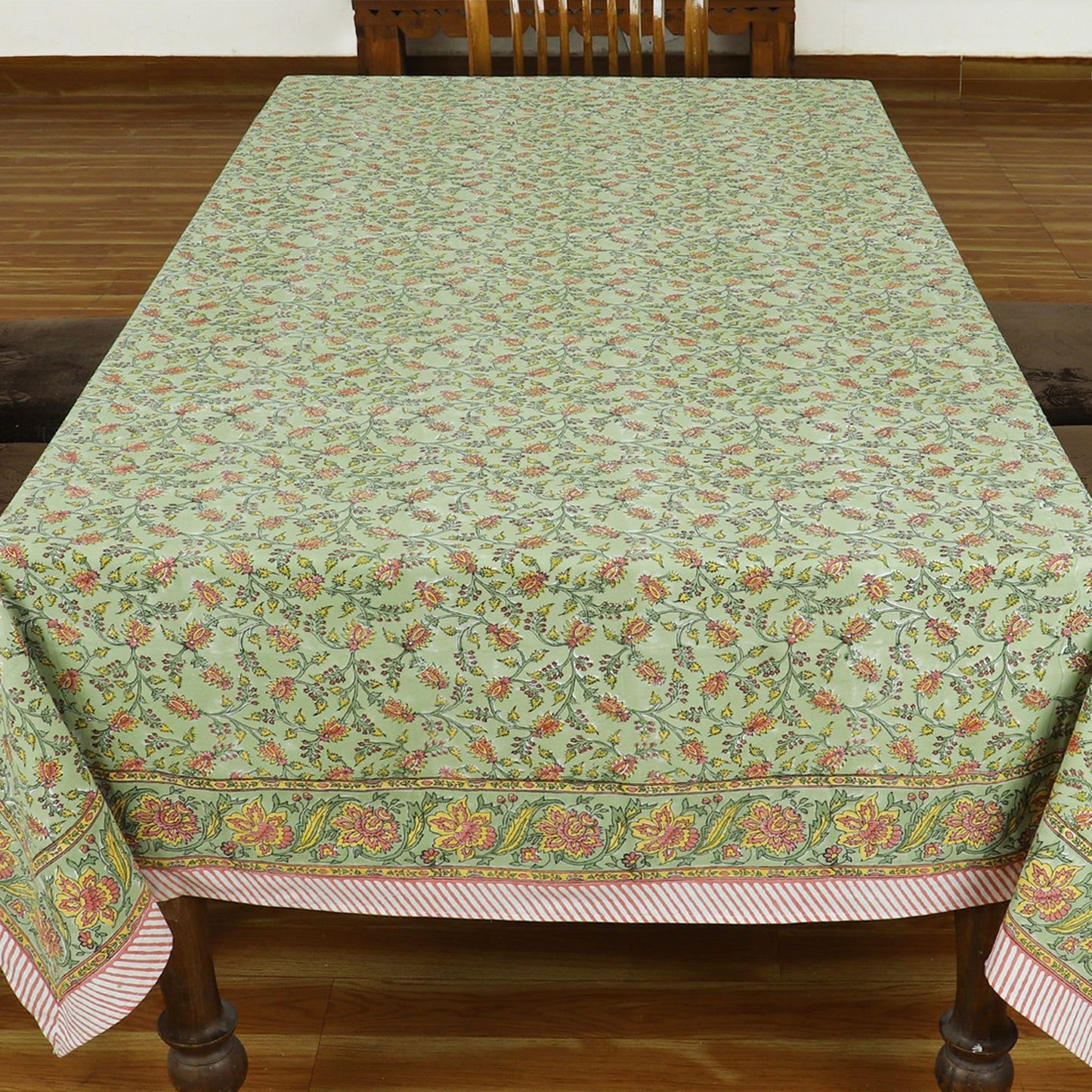 Green and Yellow Indian Hand Block Floral Printed Tablecloth - My Store