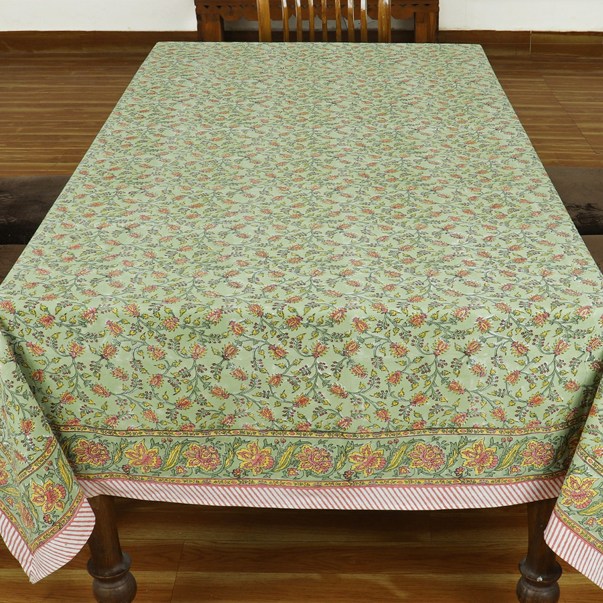 Green and Yellow Indian Hand Block Floral Printed Tablecloth - My Store