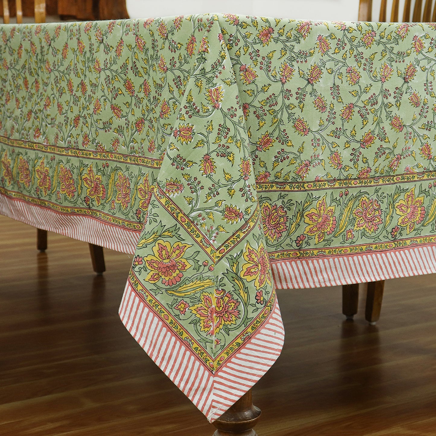 Green and Yellow Indian Hand Block Floral Printed Tablecloth - My Store