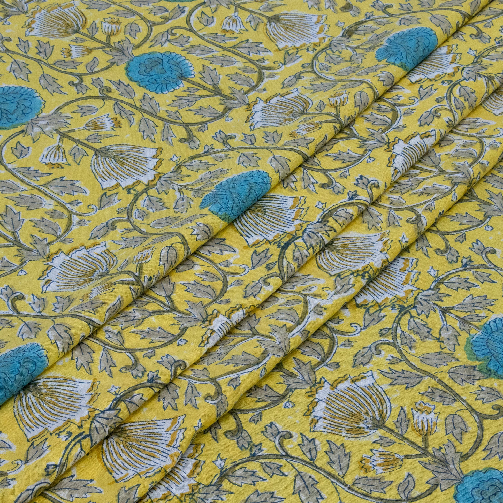 Cotton Bedsheet – Hand Block Floral Print – Yellow and Sky Blue – King, Queen, Twin Sizes - My Store