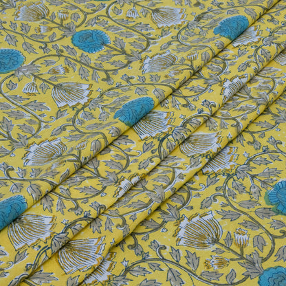 Cotton Bedsheet – Hand Block Floral Print – Yellow and Sky Blue – King, Queen, Twin Sizes - My Store